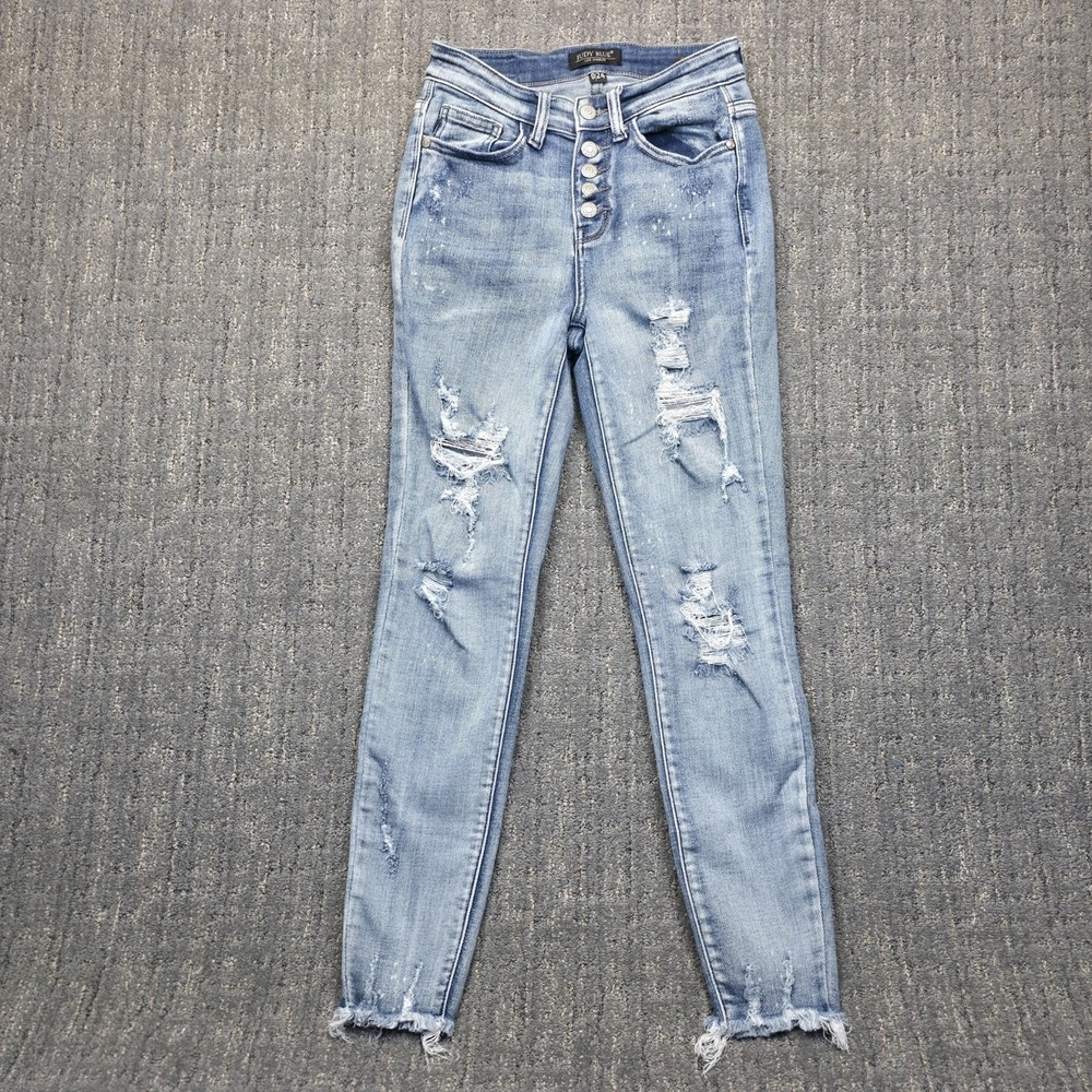 Judy Blue Jeans Womens 0/24 High Rise Button‎ Fly Distressed Skinny Light Wash